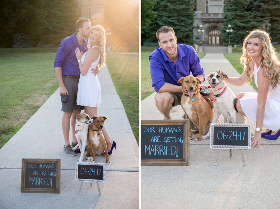 couple poses with their dogs at university of western ontario for their engagement session before their wedding