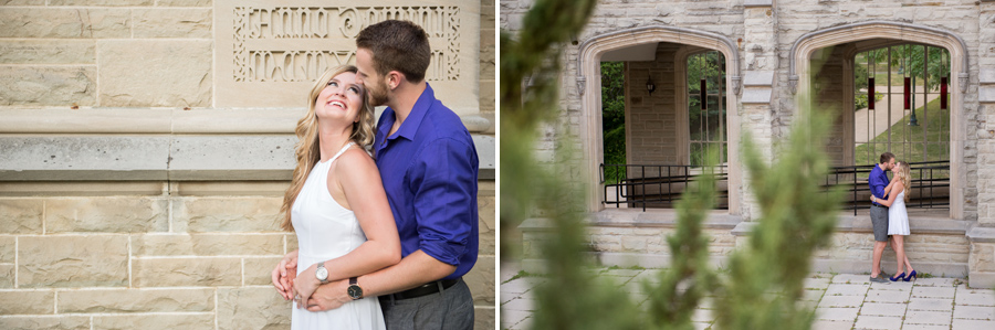 couple poses at university of western ontario for their engagement session before their wedding