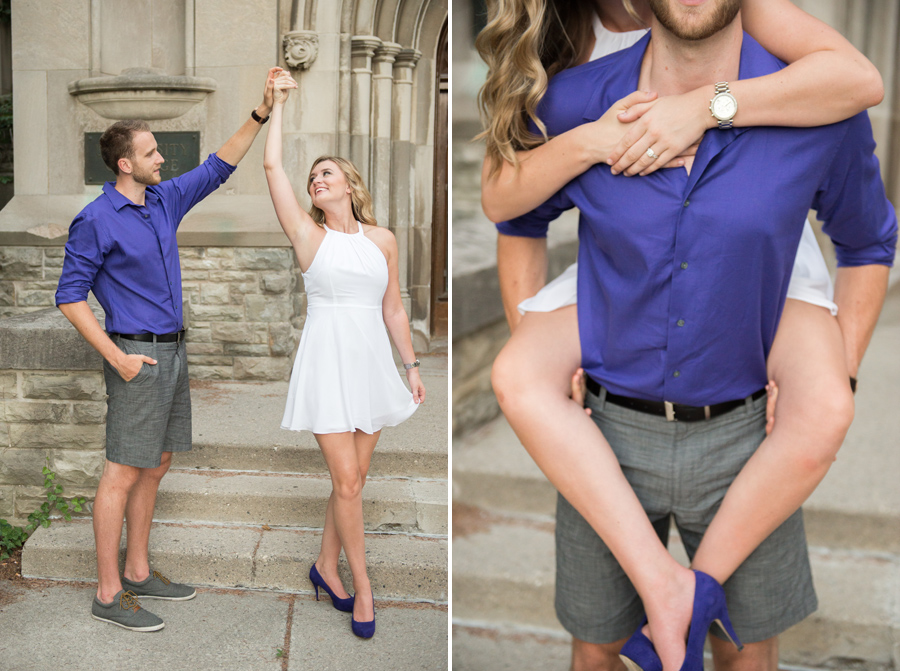 couple poses at university of western ontario for their engagement session before their wedding