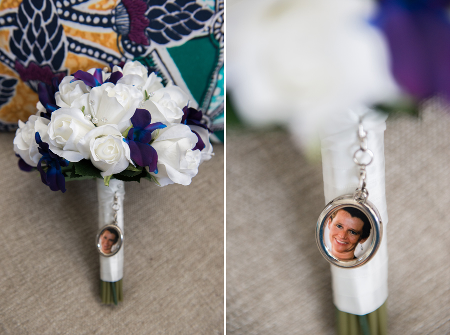 a bouquet with a locket photo of the bride's mom