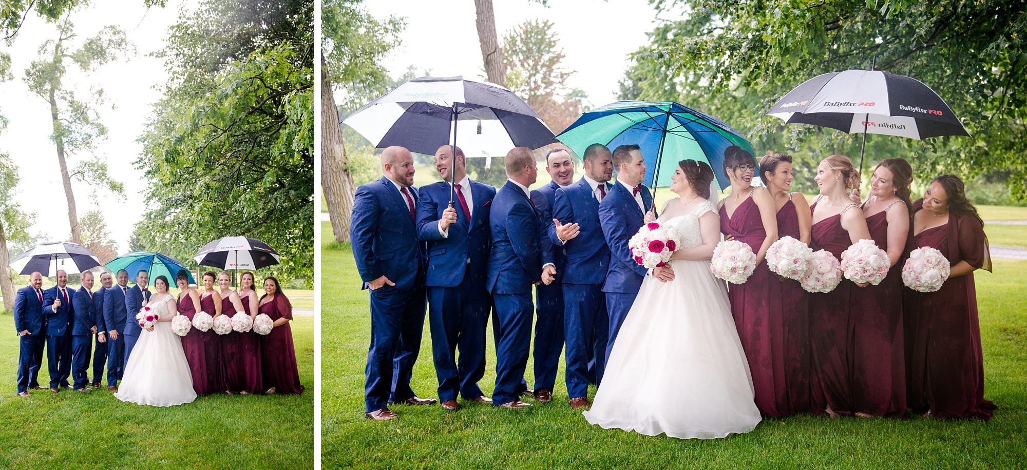 a wedding party stands underneath multicoloured umbrellas on a rainy wedding day