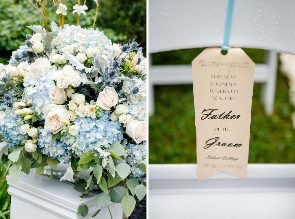 a blue and white floral arrangement