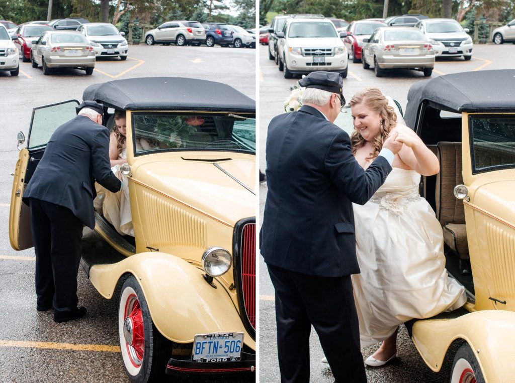 the bride exits a vintage cream coloured car