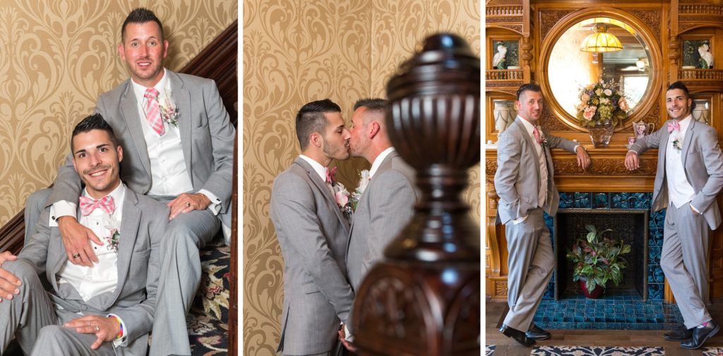 newlyweds sit on a staircase together at the idlewyld inn