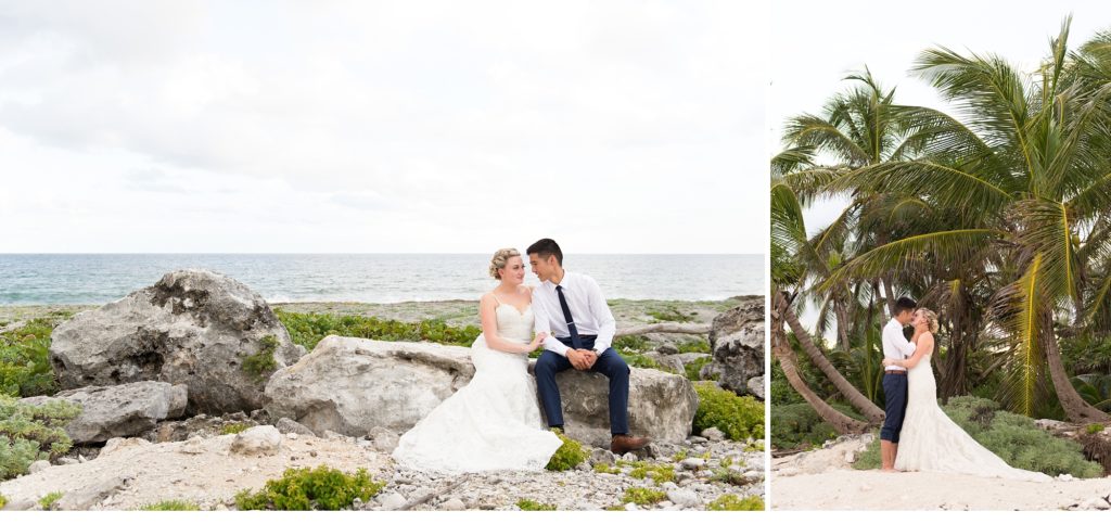 a bride and groom kiss by some palm trees at their mexico destination wedding