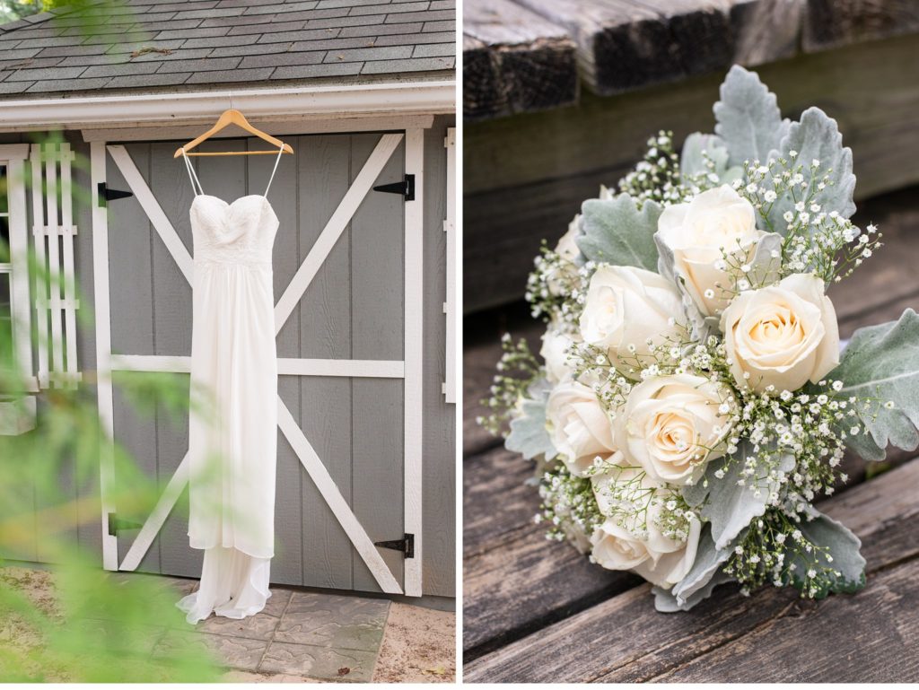 a wedding dress hanging from eaves of a shed at a Grand Bend wedding