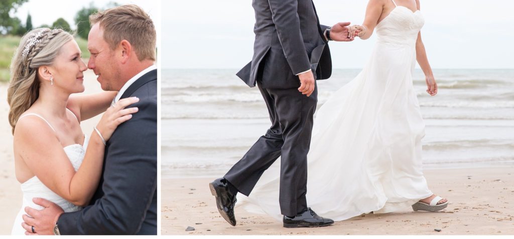 a bride and groom hold hands and walk down the beach together at their Grand Bend wedding