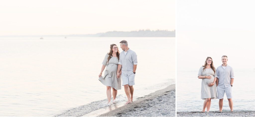 a couple walking along the beach at sunset in port stanley ontario for maternity photos