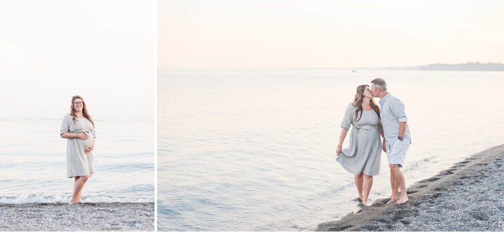 a couple walking along the beach at sunset in port stanley ontario for maternity photos