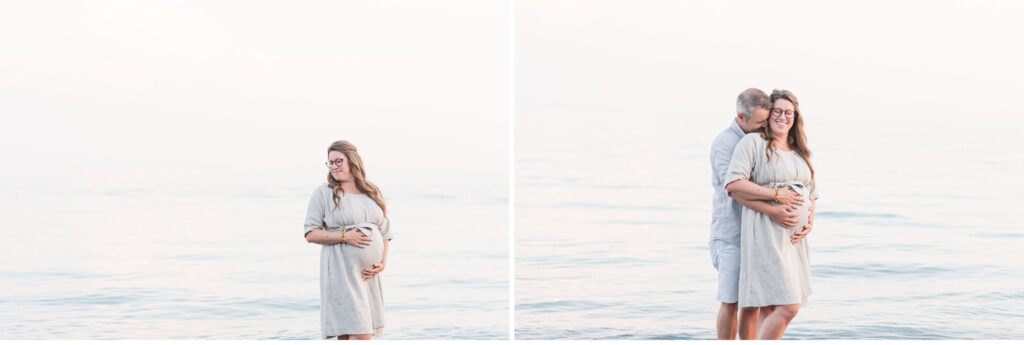 a mom-to-be posing for maternity photos by lake erie in port stanley ontario