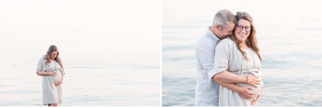 a couple having maternity photos taken on the beach at sunset in port stanley ontario