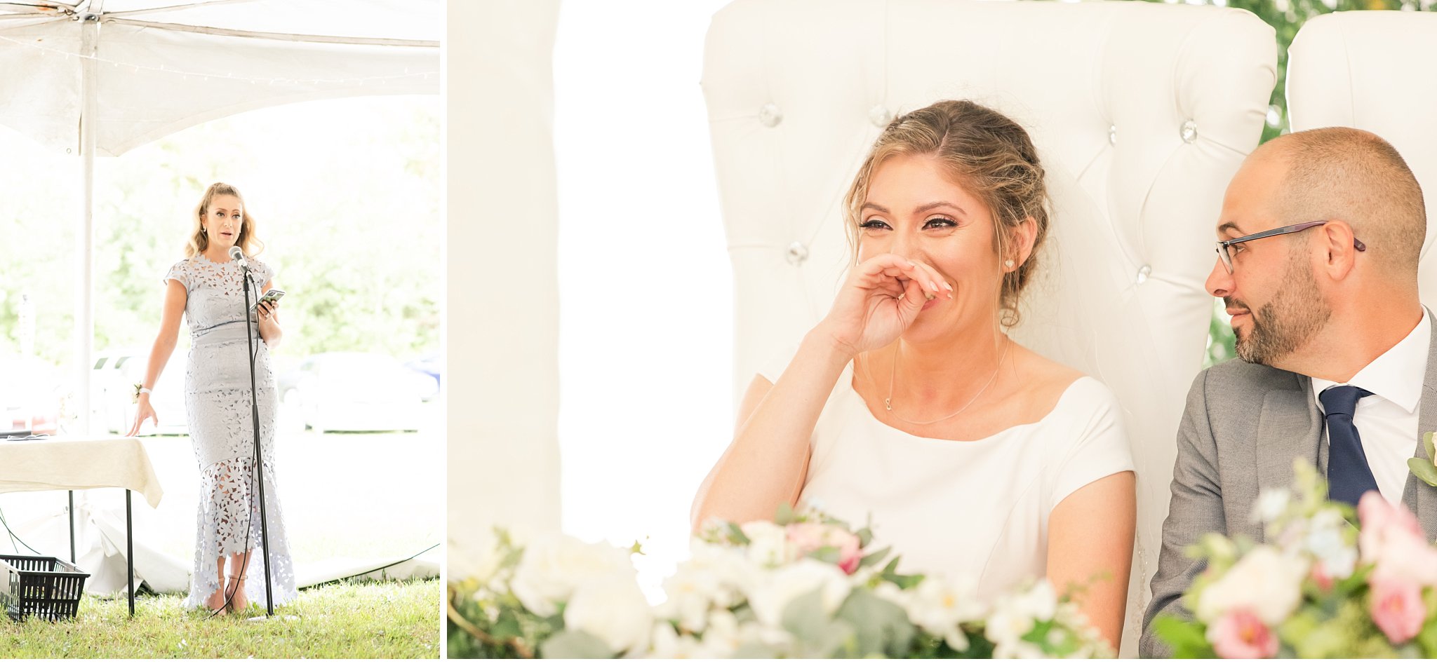 bride laughing during her sister's wedding speech