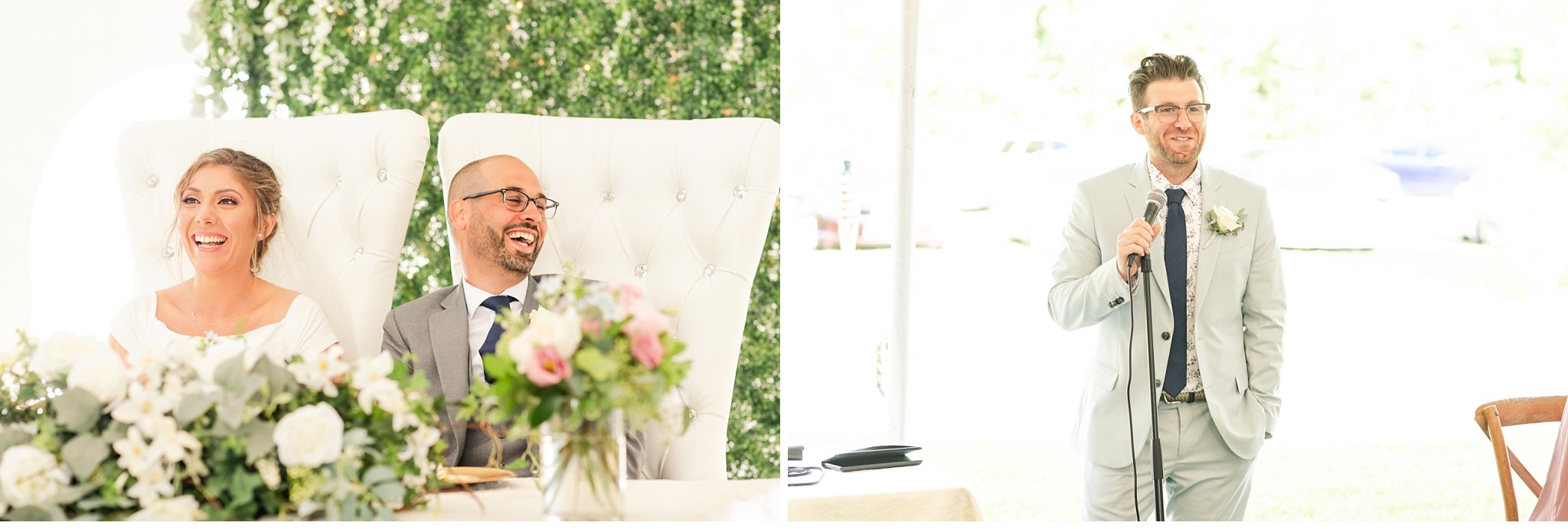 bride and groom laughing during wedding speeches by london ontario wedding photographer life is beautiful photography