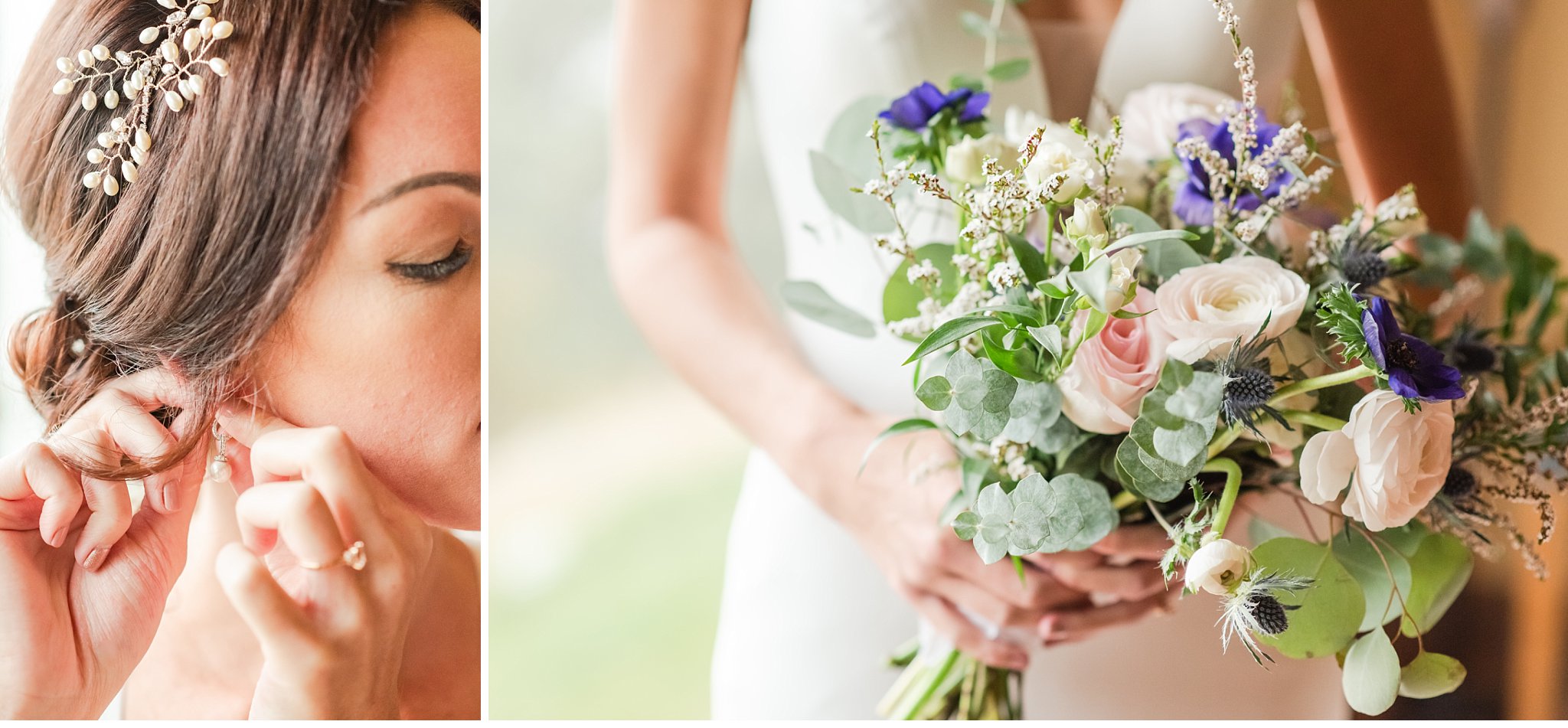 bride putting in her earring; bride holding her bouquet