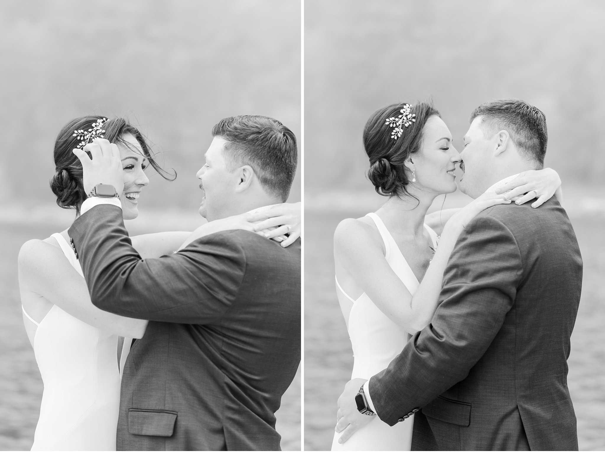 bride and groom kiss at lake okanagan in kelowna, british columbia