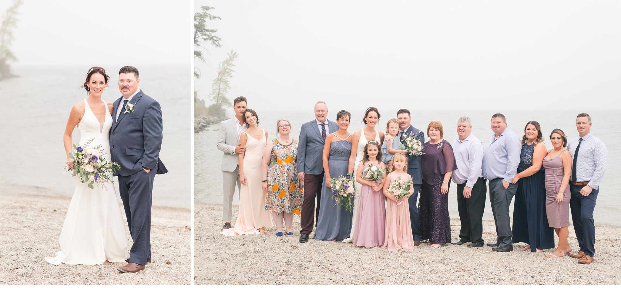 bride and groom pose with their family on the beaches of lake okanagan