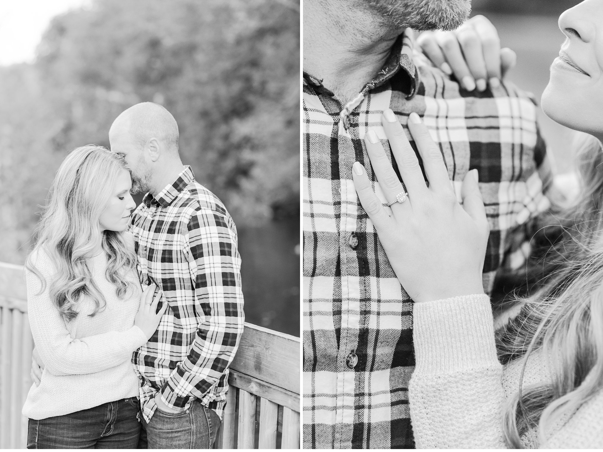 black and white photos of a couple and a bride's engagement ring