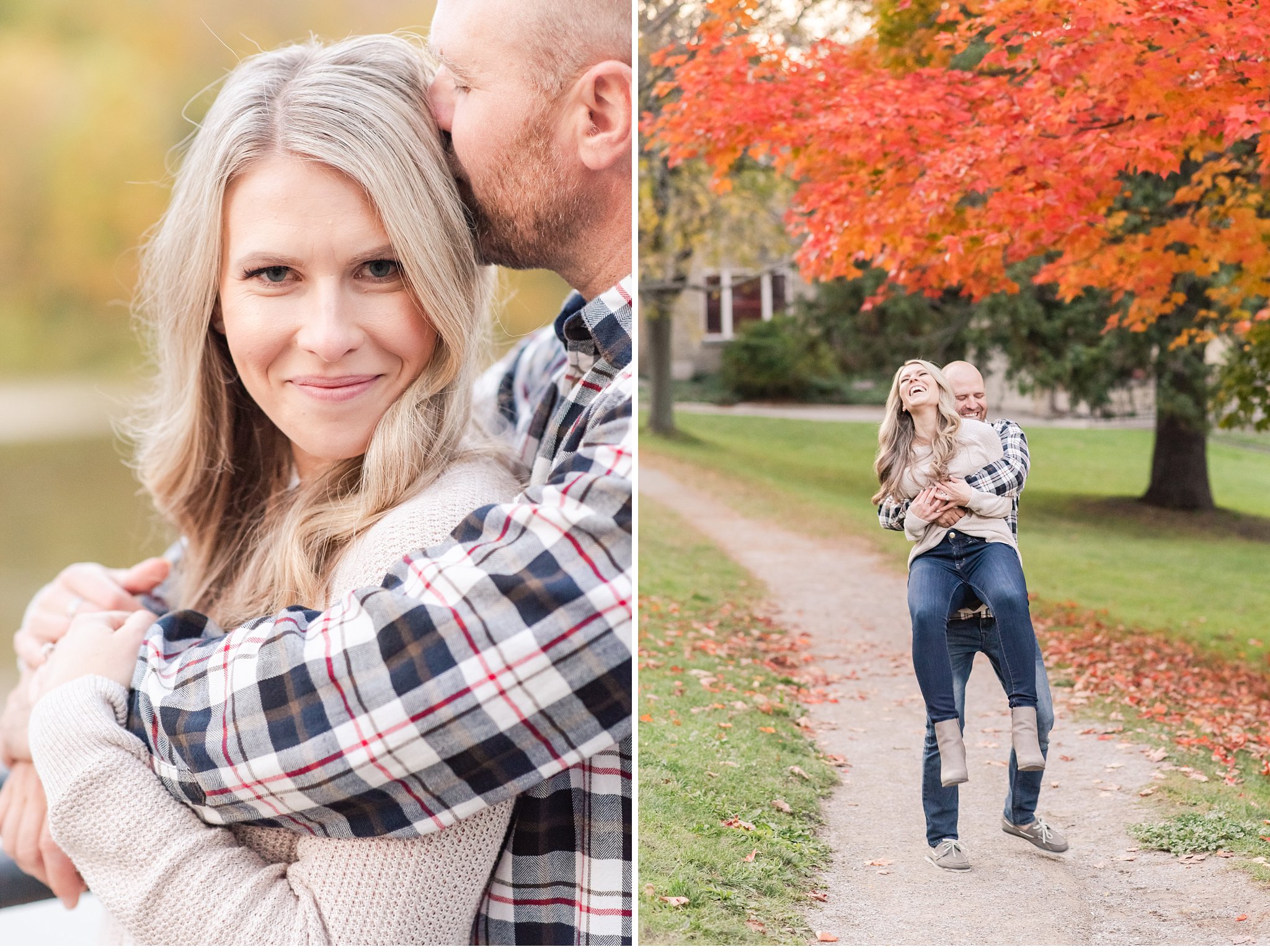 an engaged couple in springbank park in the fall