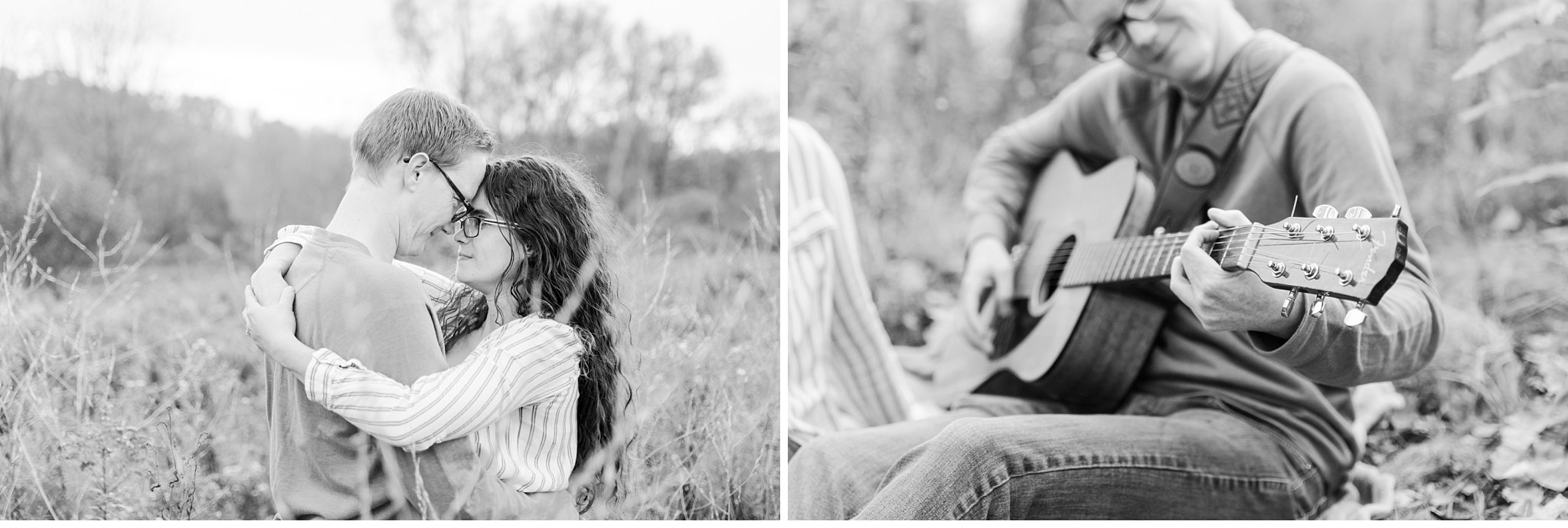 A couple together in a field and a close-up photo of a man playing a guitar