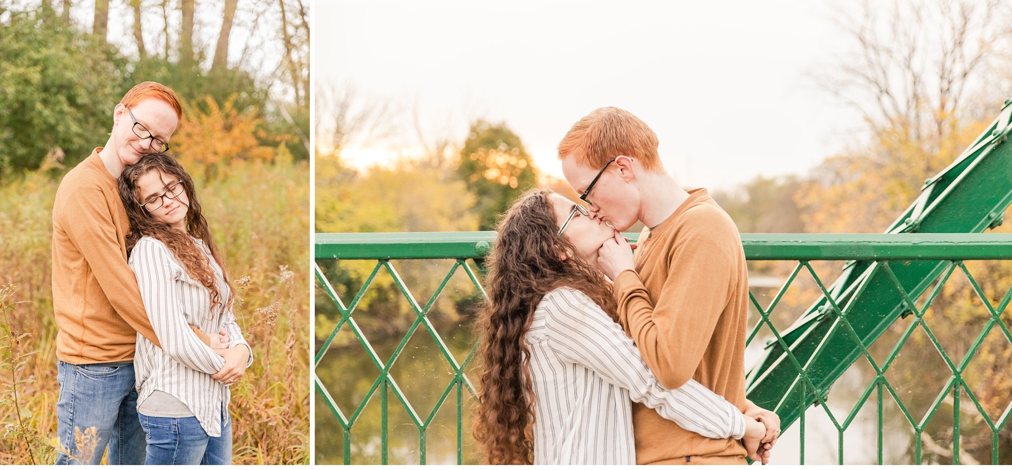 An engaged couple kisses on a bridge at Meadowlily Conservation Area