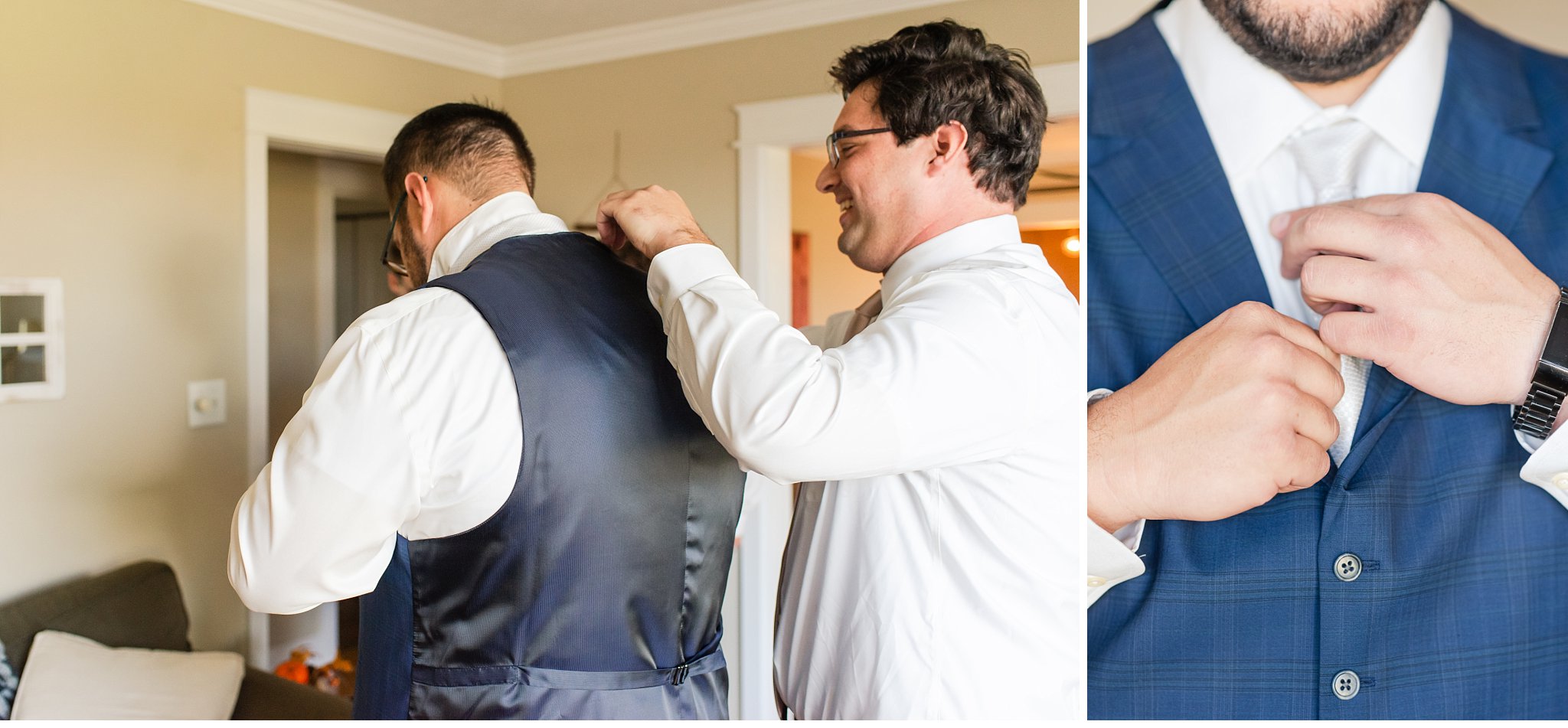best man helps groom get his vest and tie on