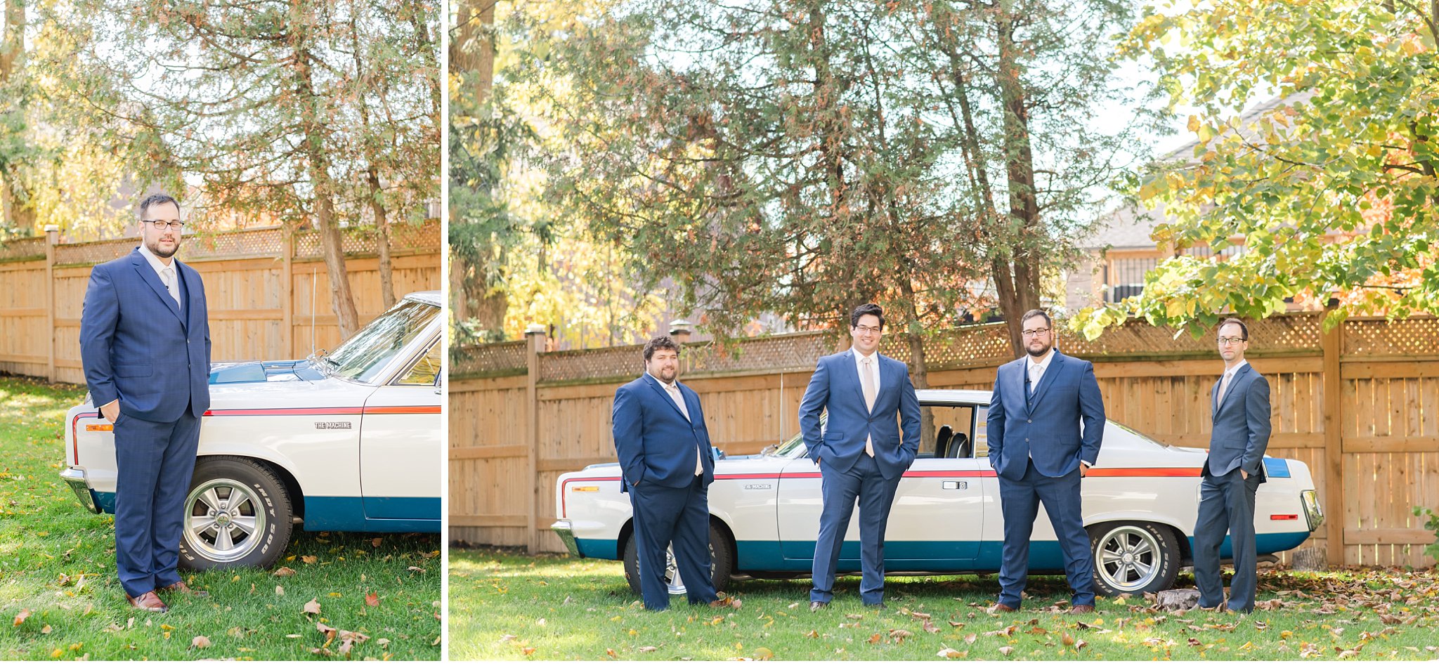 groomsmen with an old car