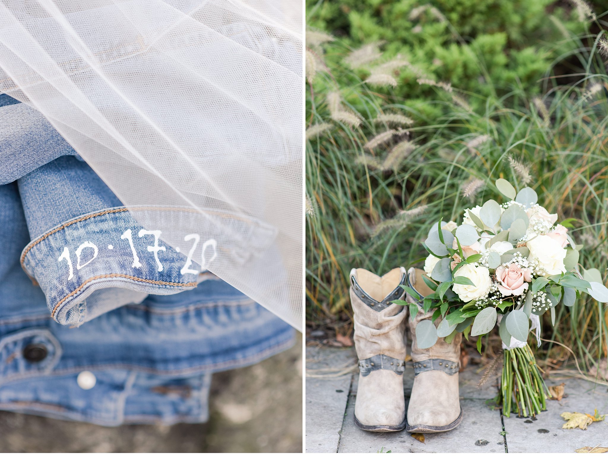 bride's denim jacket, cowboy boots and bouquet at her london ontario wedding