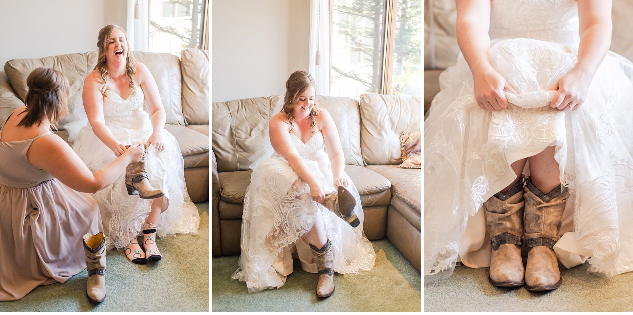 bride laughing with her bridesmaid as she puts on her cowboy boots at her london ontario wedding
