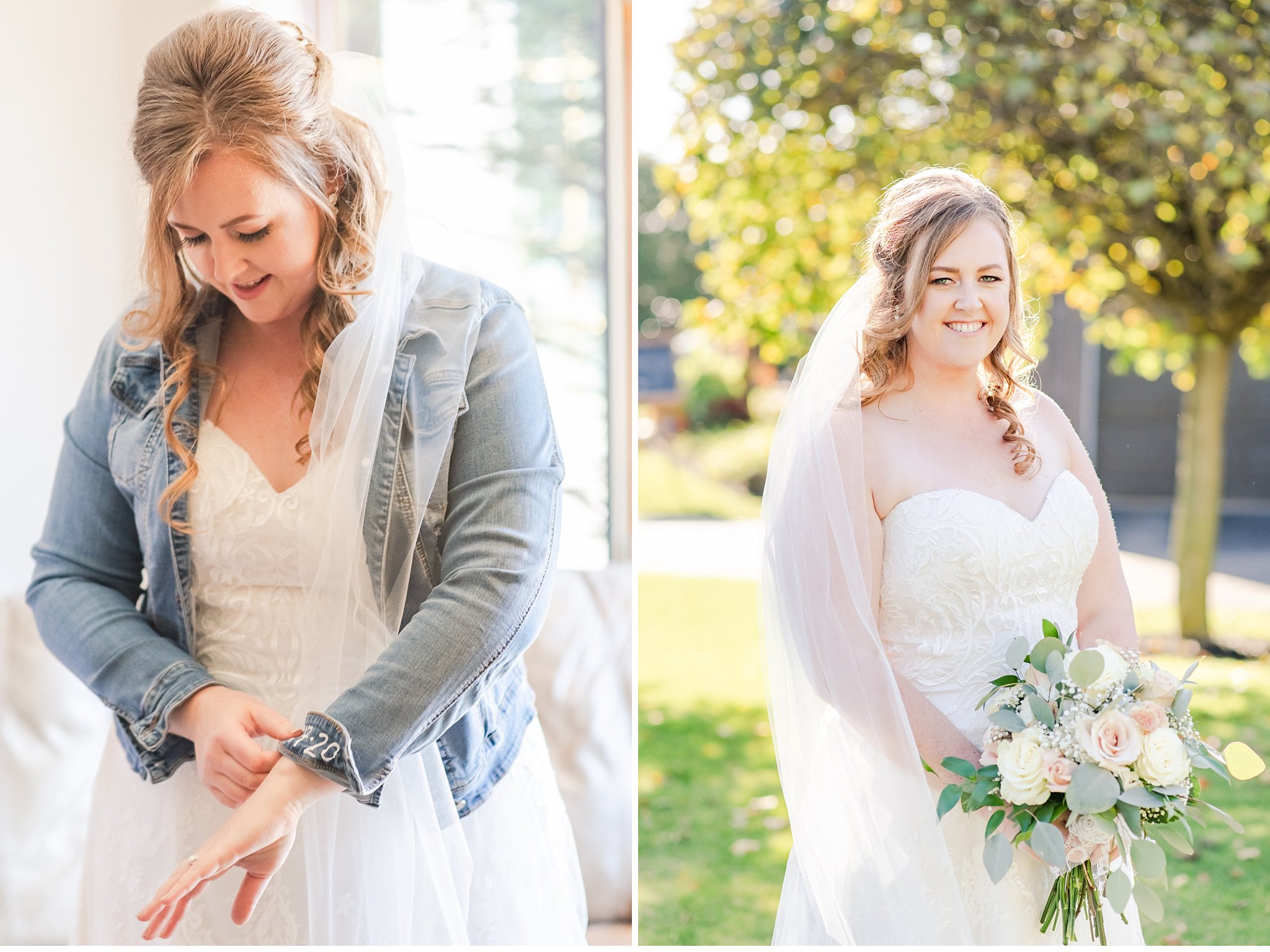 bride poses with her denim jacket and bouquet at her wedding in london ontario