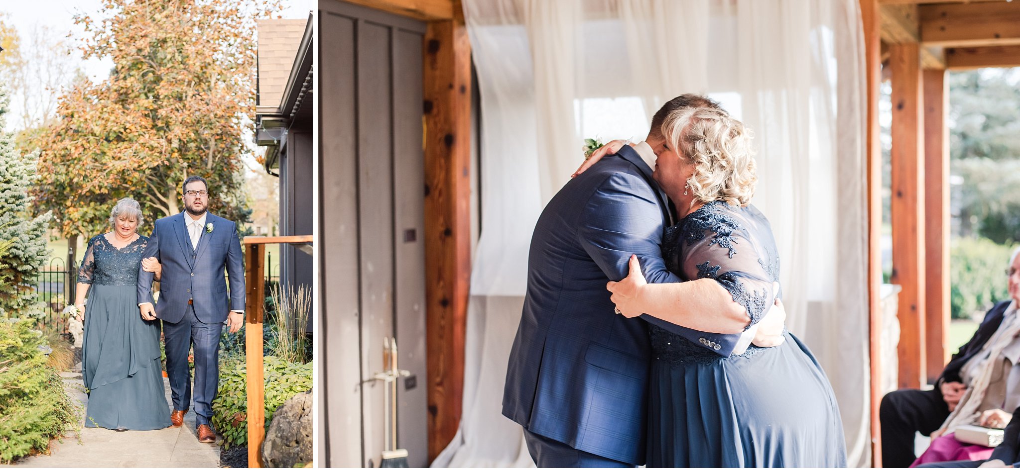 groom walks down the aisle with his mom and hugs her