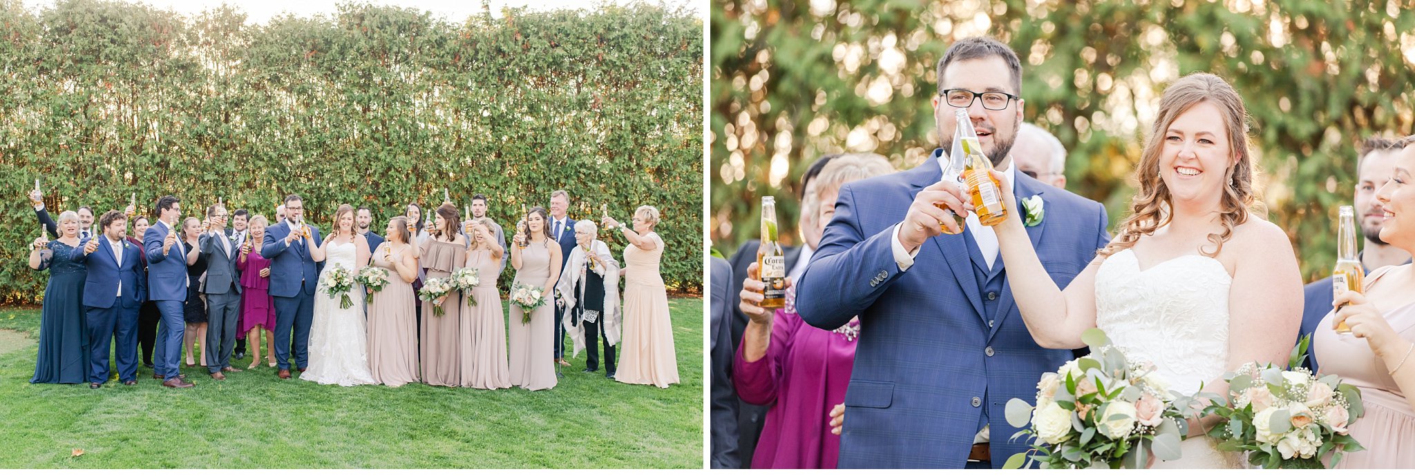 wedding guests share corona beers at pandemic wedding
