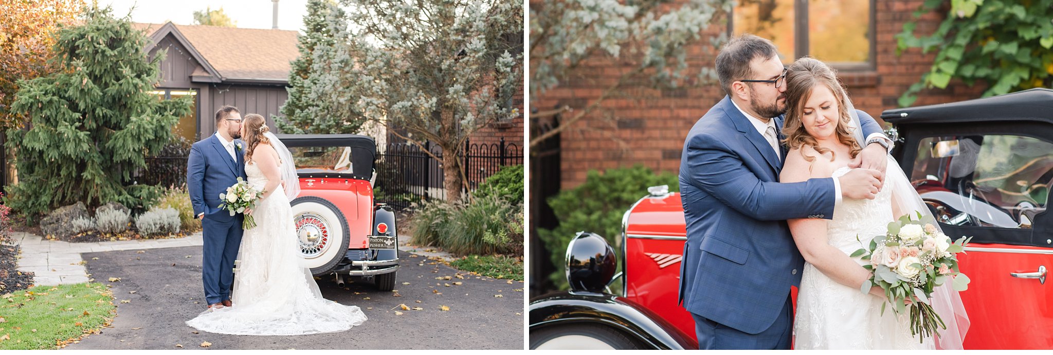 bride and groom pose with antique car