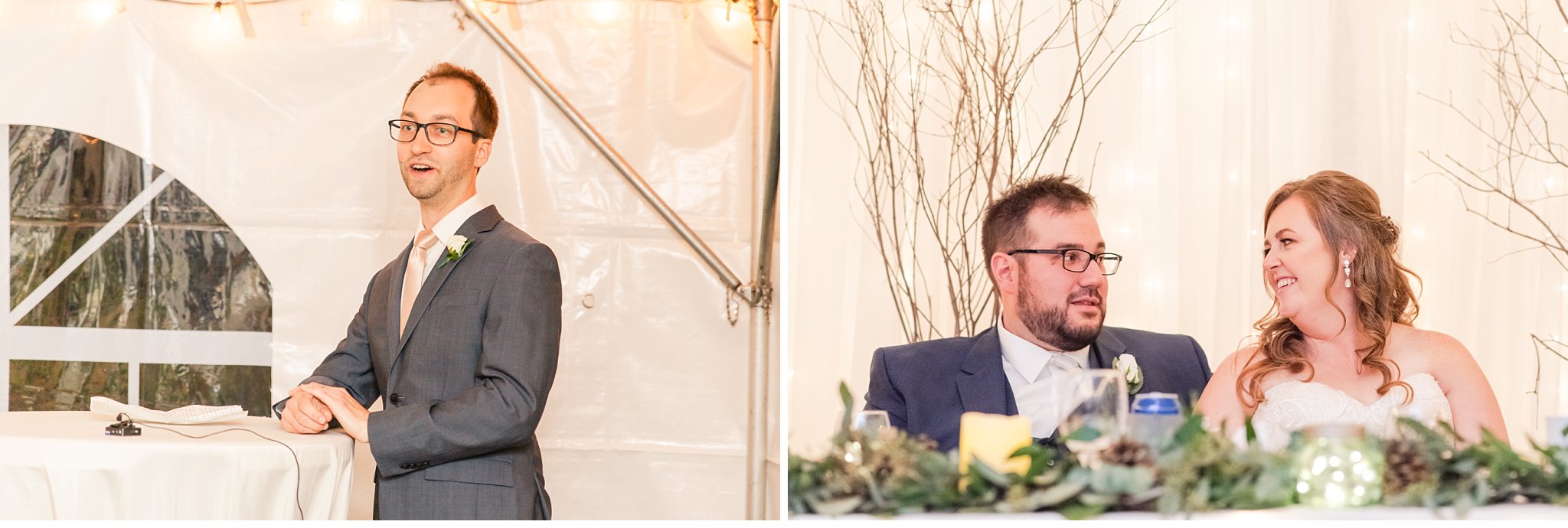 bride and groom react to a groomsman speech