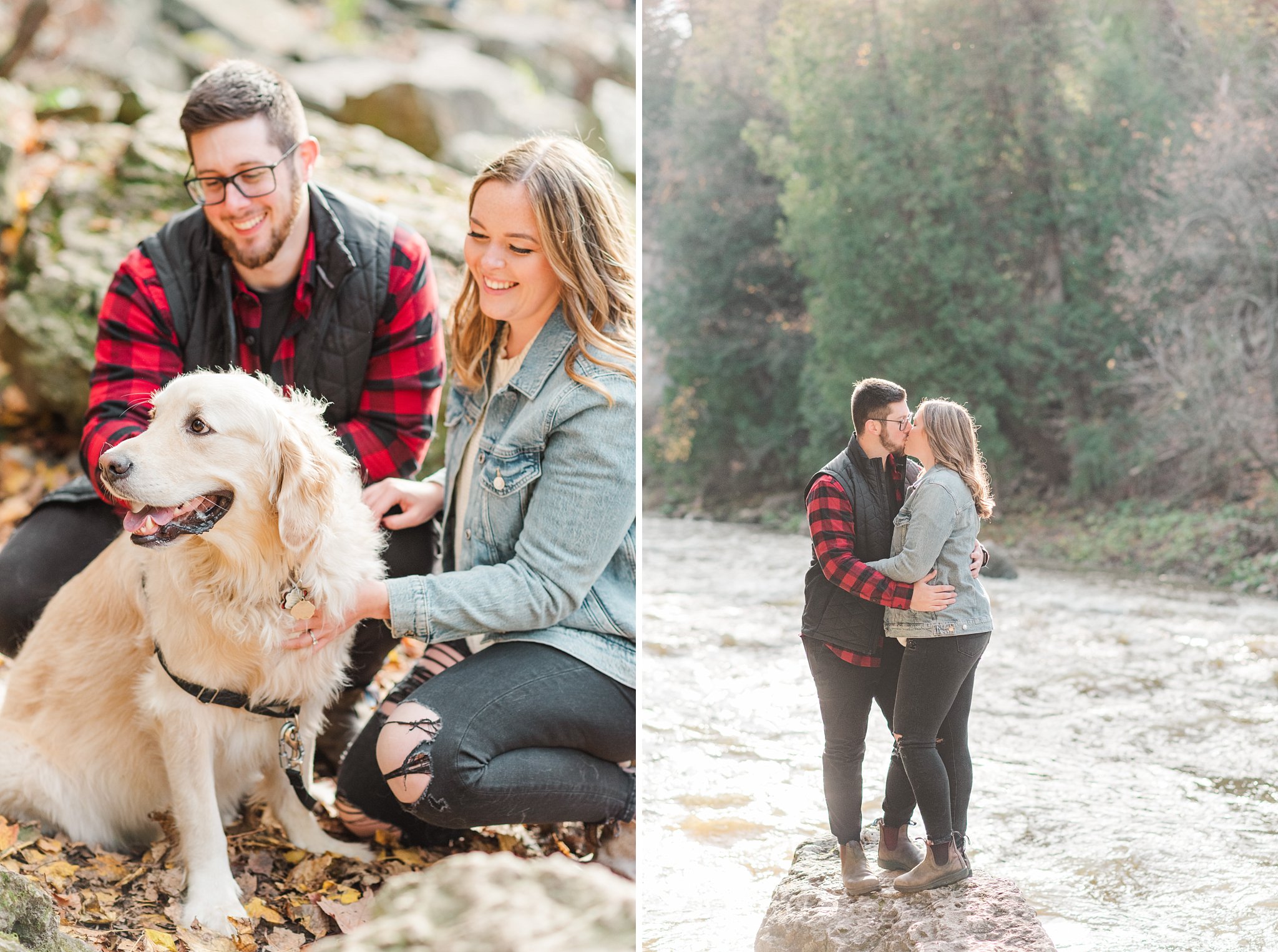 a couple kisses on a rock in the grand river ontario wedding photographer