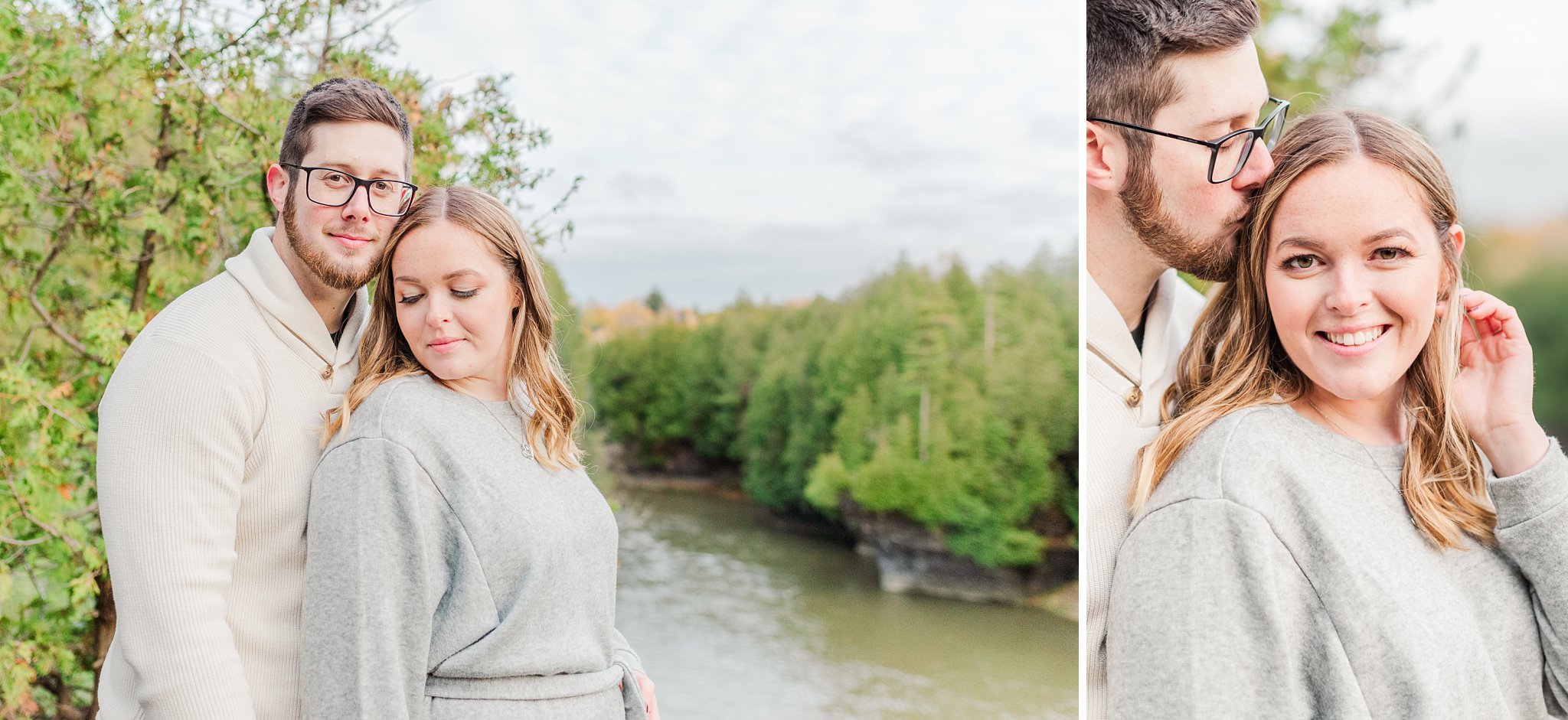a couple snuggles by the grand river during their engagement session