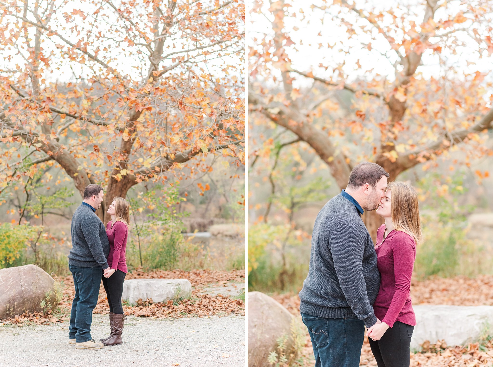 a couple stands by the thames river during their engagement session, london ontario wedding photographer