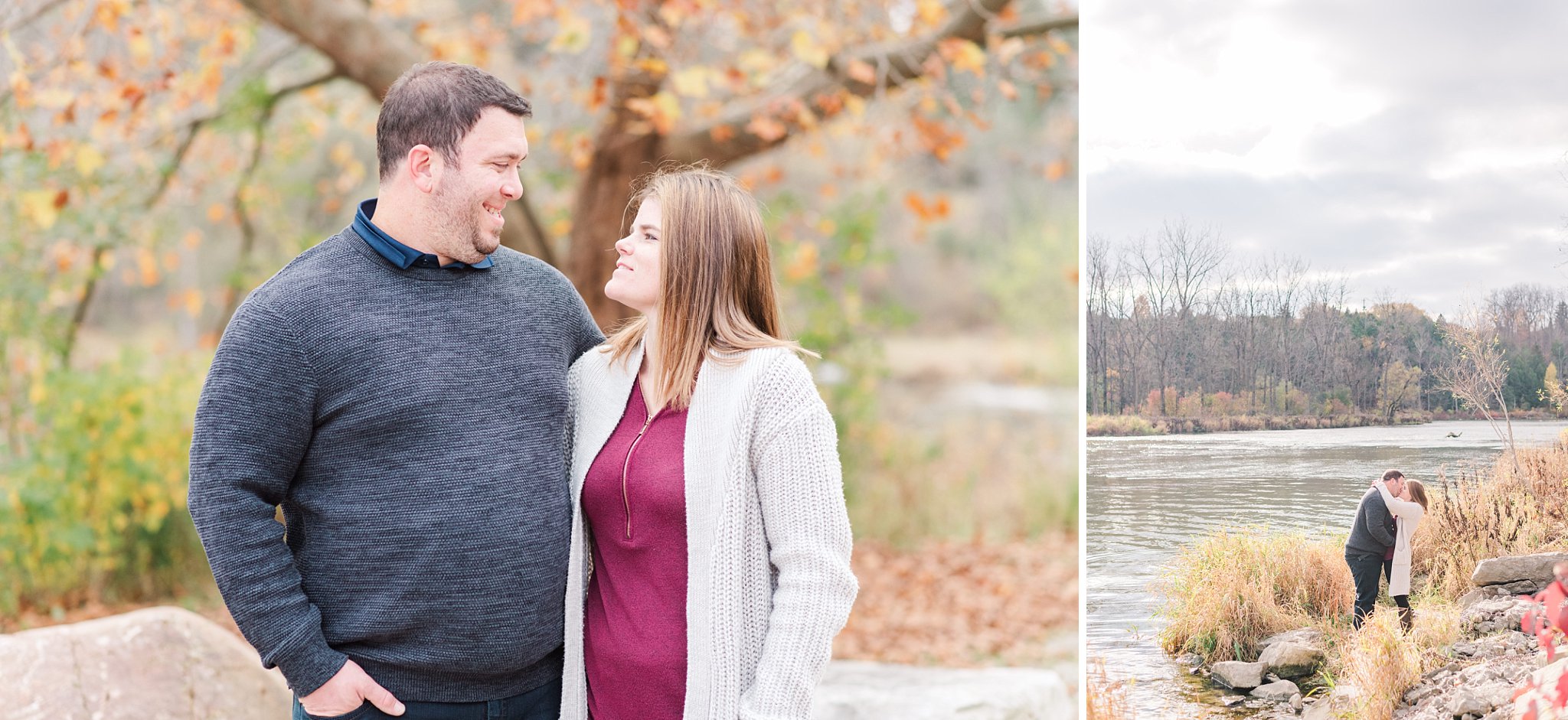 a couple kisses on the edge of the thames river at fanshawe conservation area during their engagement session