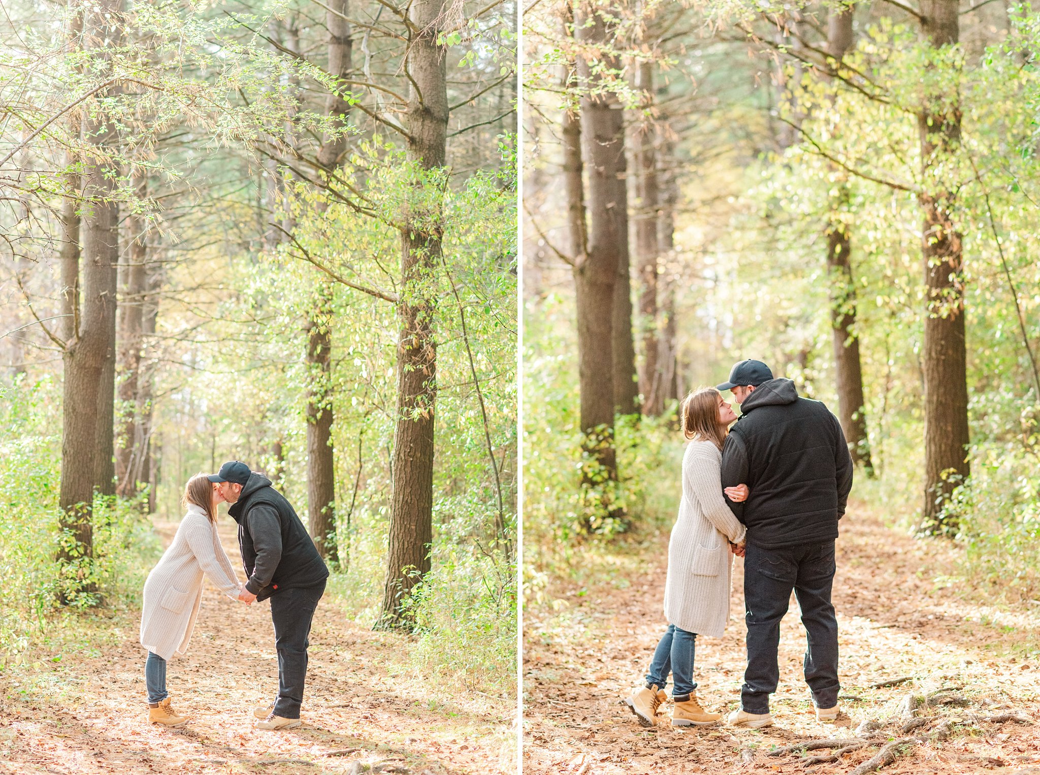 a couple kisses on a path at fanshawe conservation area during their engagement session by life is beautiful photography