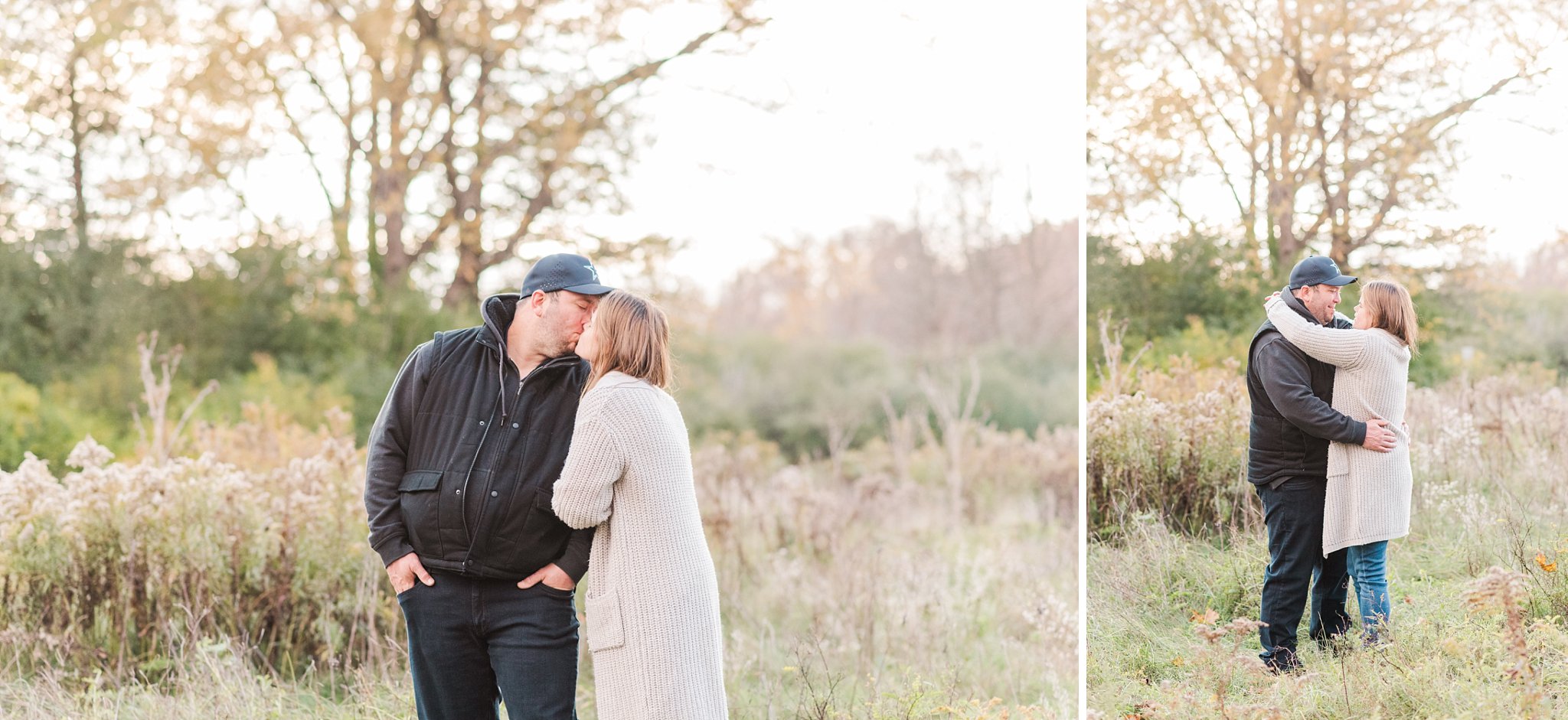 engaged couple kisses in a meadow, ontario wedding photographer