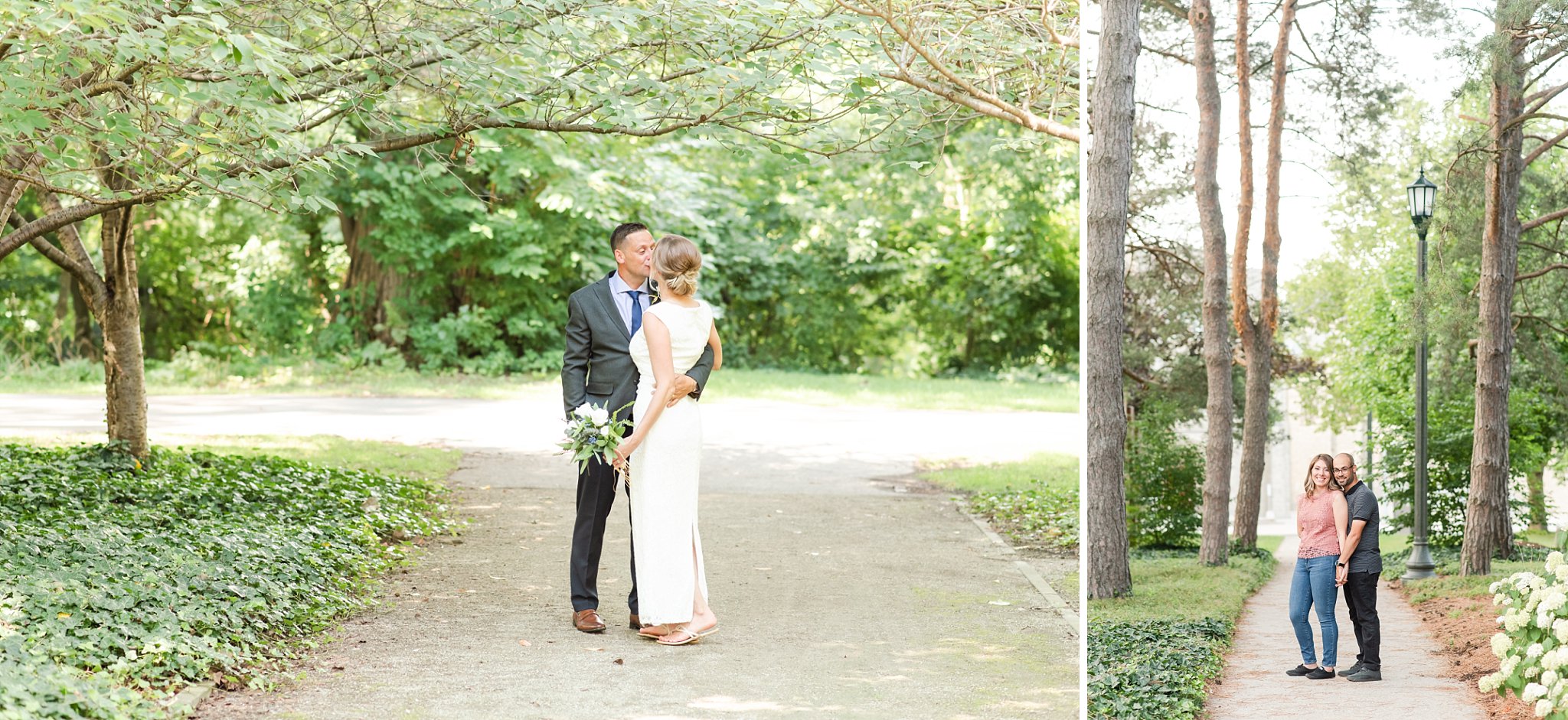a collage of two photos; a bride and groom kiss under trees at ivey park on their wedding day, and a couple embraces along a path at western university in london ontario
