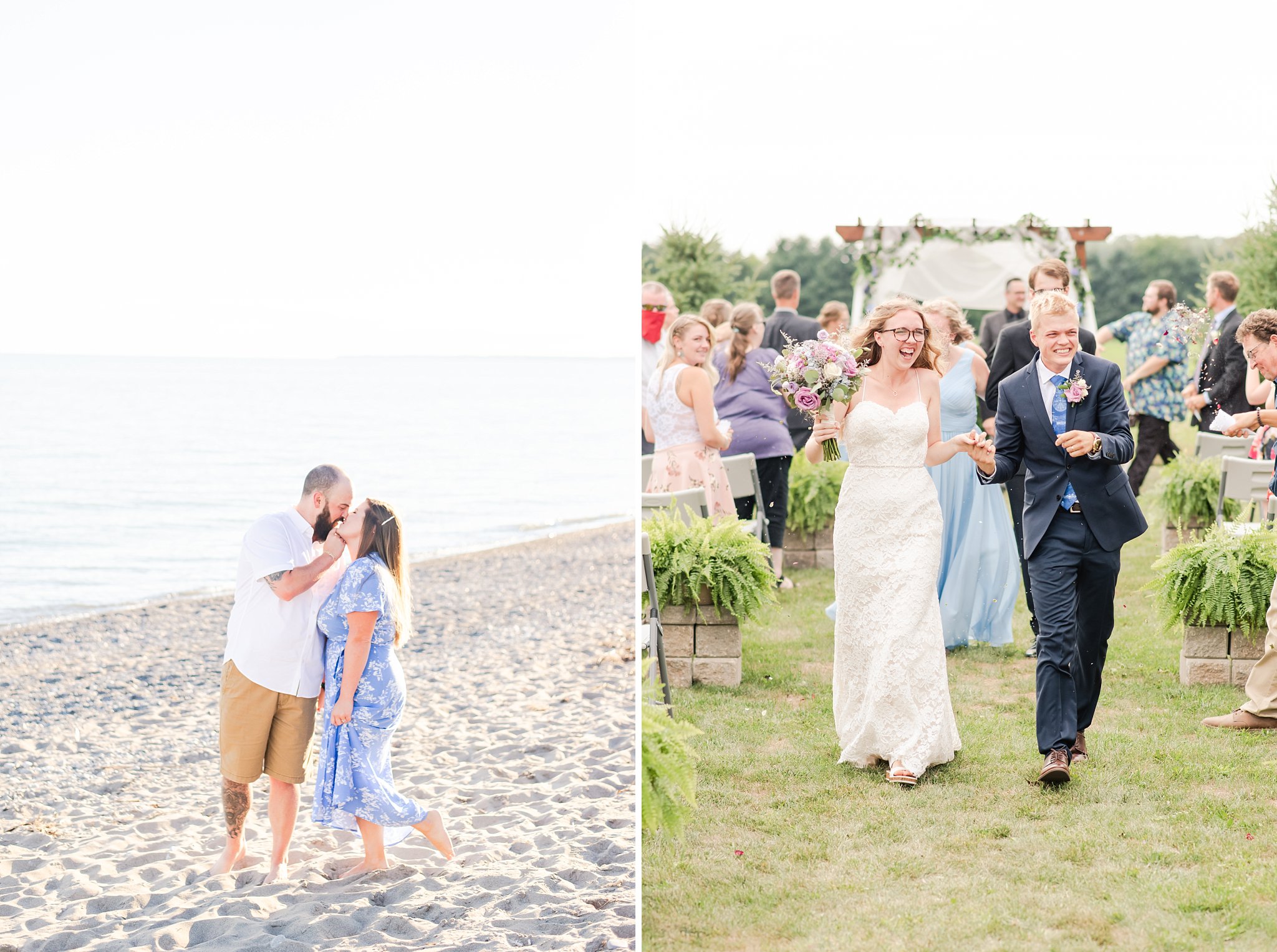 a photo of a man kissing a woman as they walk along the beach in port stanley paired beside a photo of a bride and groom laughing as they walk down the aisle after their wedding ceremony