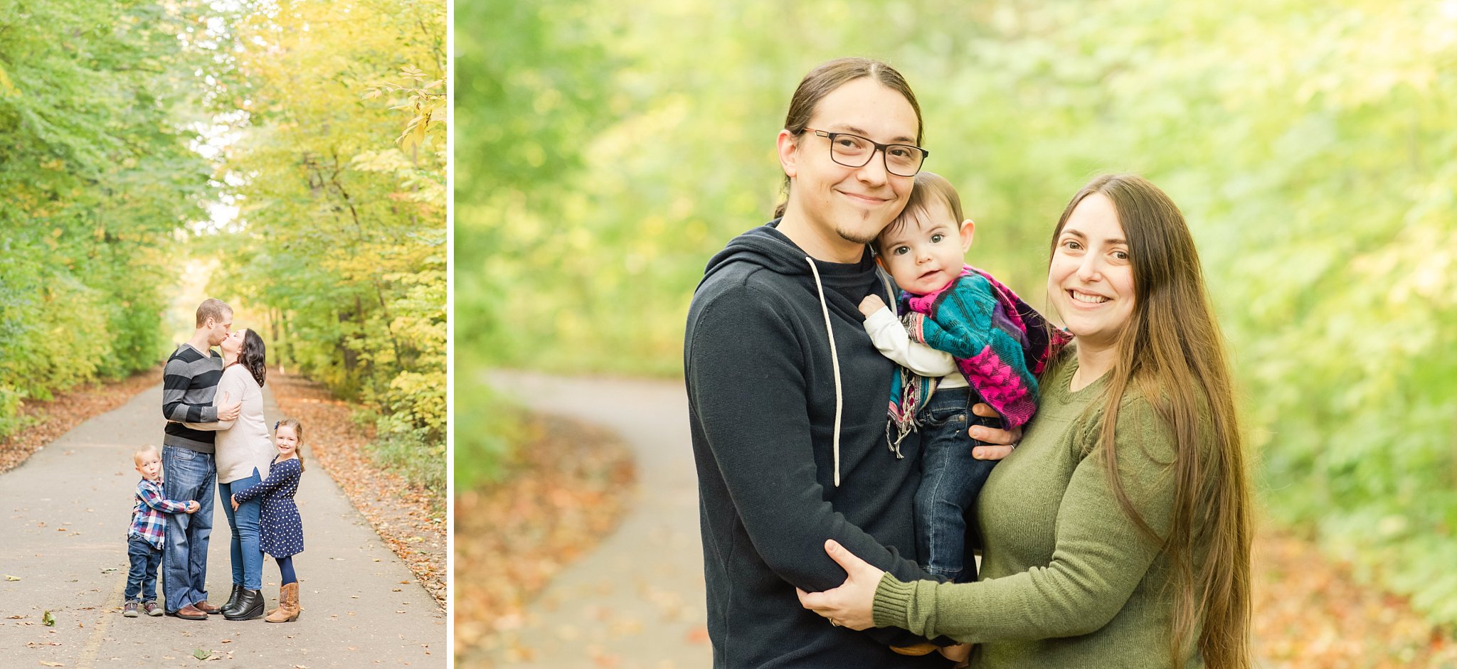 fall family photos in springbank park; families snuggle on a path