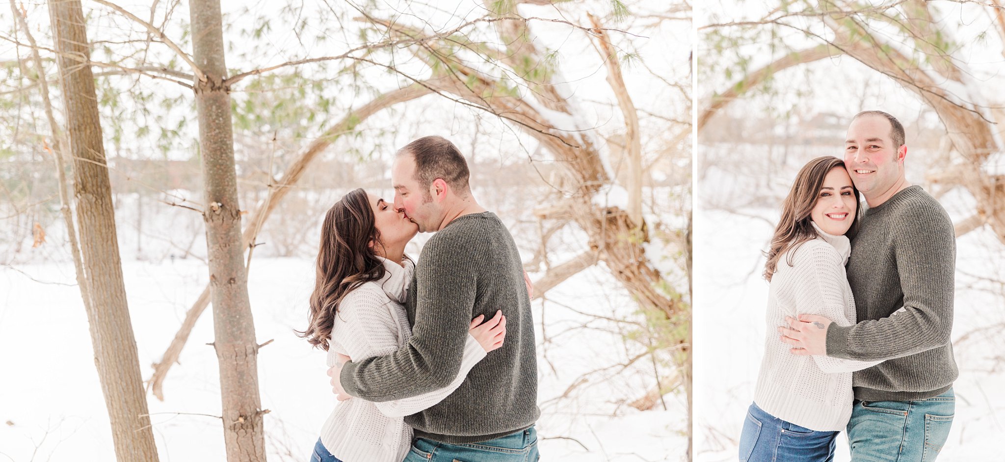 a couple kisses at mill pond in dorchester during their engagement session by london ontario wedding photographers life is beautiful photography