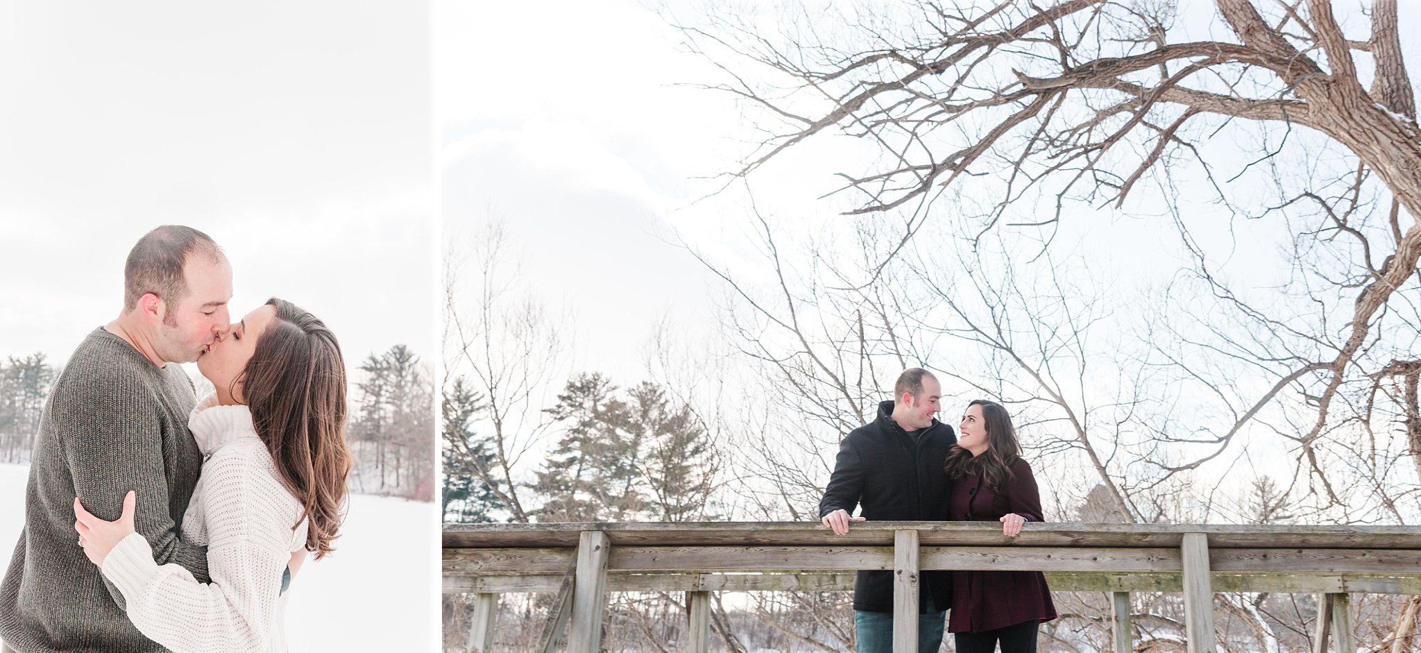 a couple kisses, and a second photo of a couple standing on a wooden bridge, looking at each other and smiling
