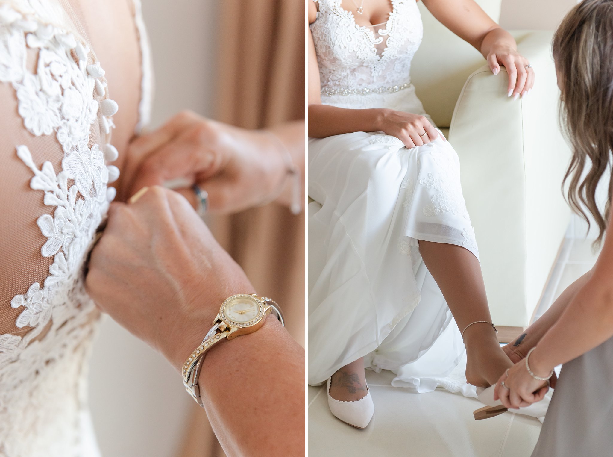 Two photos of a bride getting ready for her wedding day. Photo 1 - Close-up of hands doing up buttons on the back of the bride's dress. Photo 2- a bridesmaid puts on the bride's shoes. Photos by Wedding Photographer in London Ontario Life is Beautiful Photography