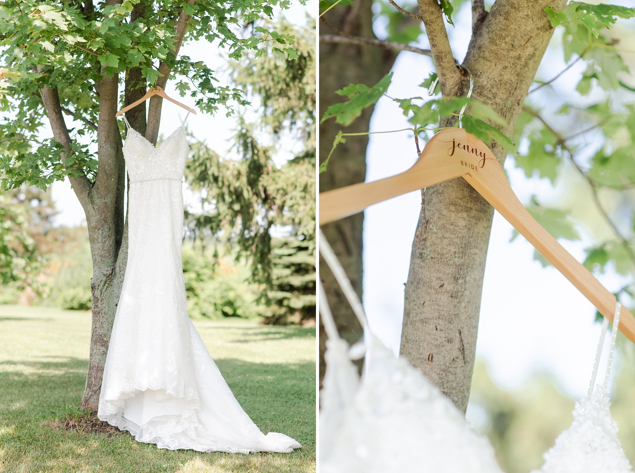 Two photos of a wedding dress hanging in a tree. Photo one is a wide photo of the full dress. Photo 2 is a close-up of the hanger in a tree, which has the name Jenny painted on it.