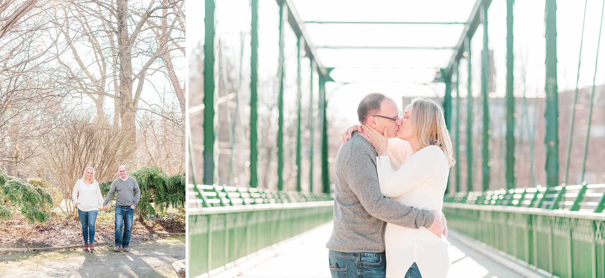 a couple walks together and kisses on a bridge during their engagement session in ivey park