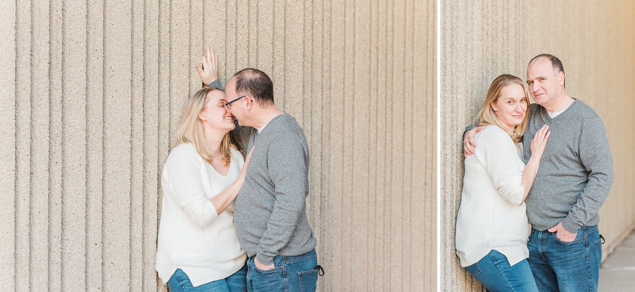 a couple leans against a wall in downtown london ontario during their engagement session with wedding photographers in london ontario life is beautiful photography