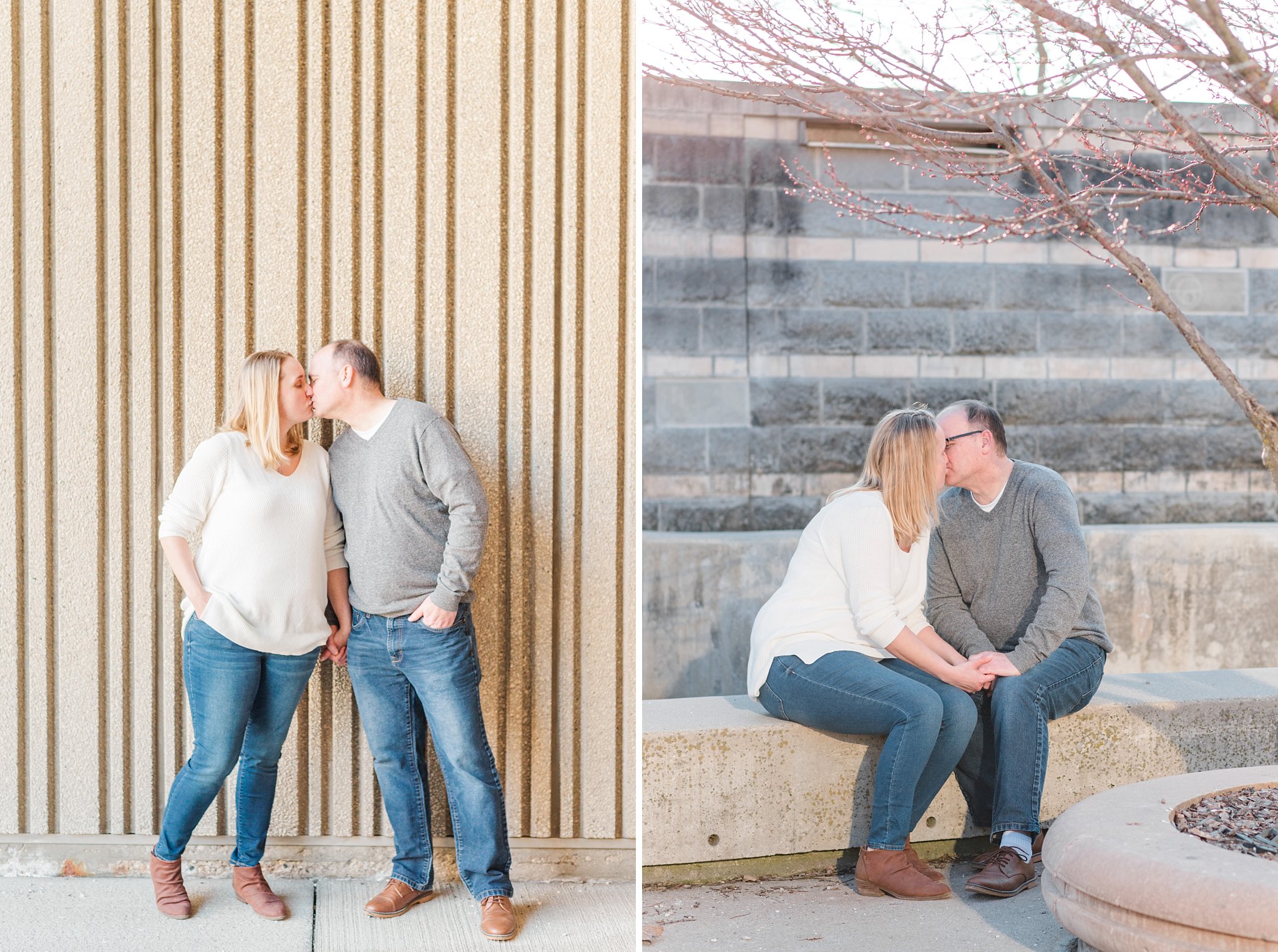 a couple kisses in front of budweiser gardens during their engagement session