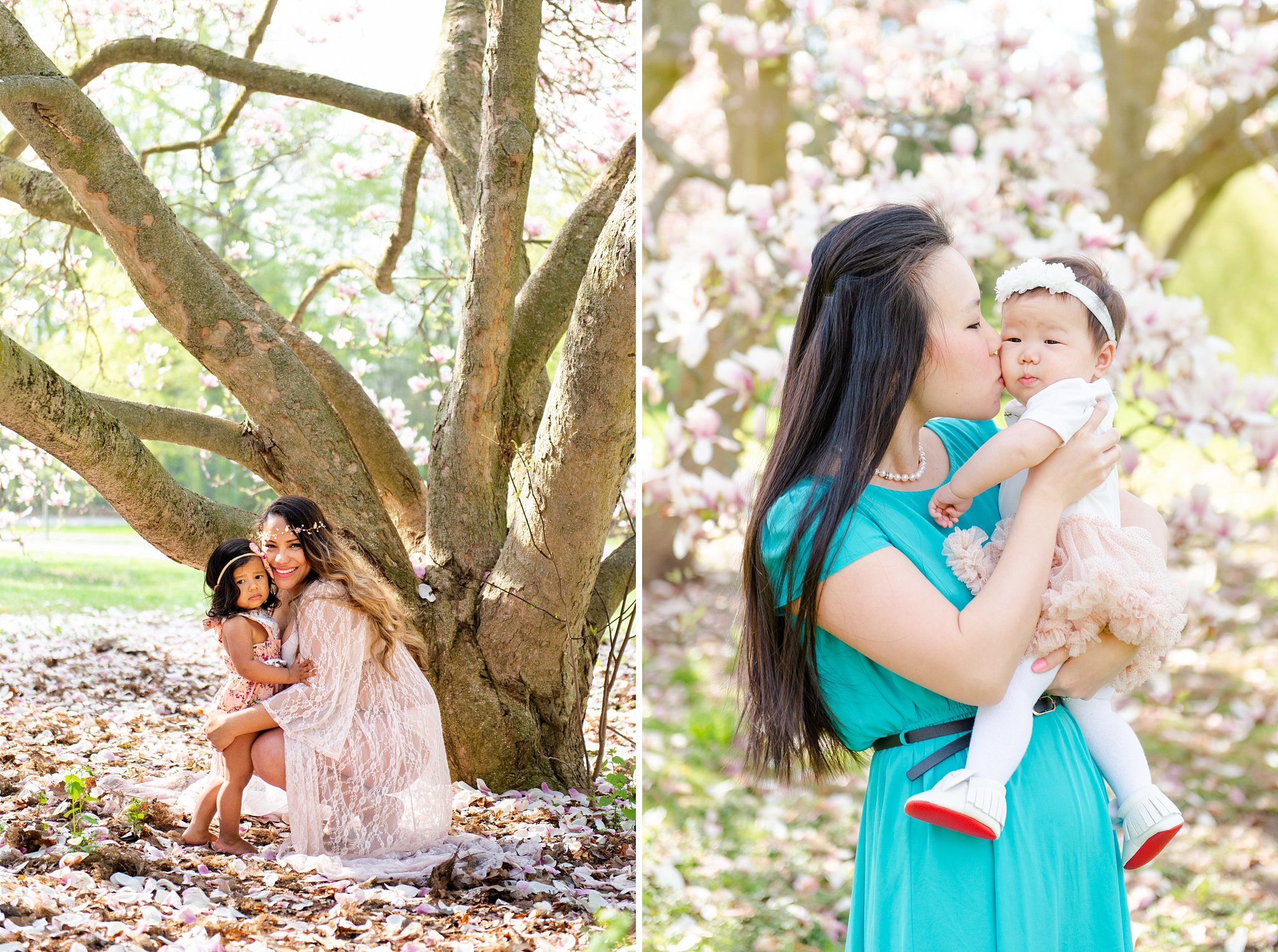 two photos of mothers with their daughters in front of magnolia trees at springbank park